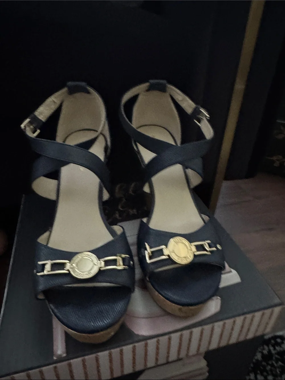 Marc Fisher Navy Crisscross Wedge Sandals with Gold Medallion